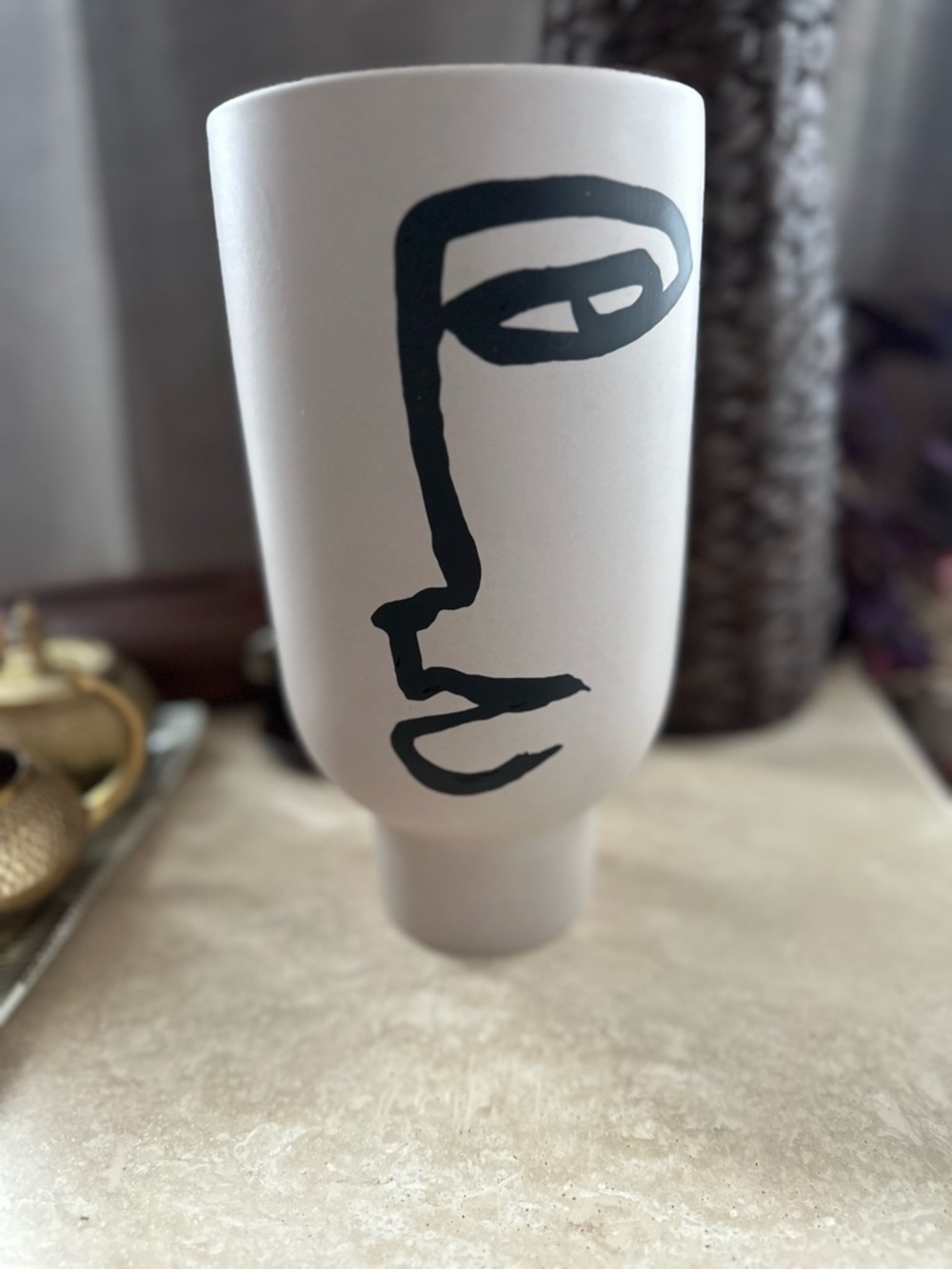 Abstract Face Ceramic Vase in Matte Taupe with Black Design